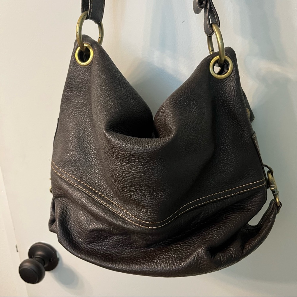 BCBGMAXAZRIA hobo brown leather bag purse satchel 2 ways to wear w/metal accents - Picture 8 of 12